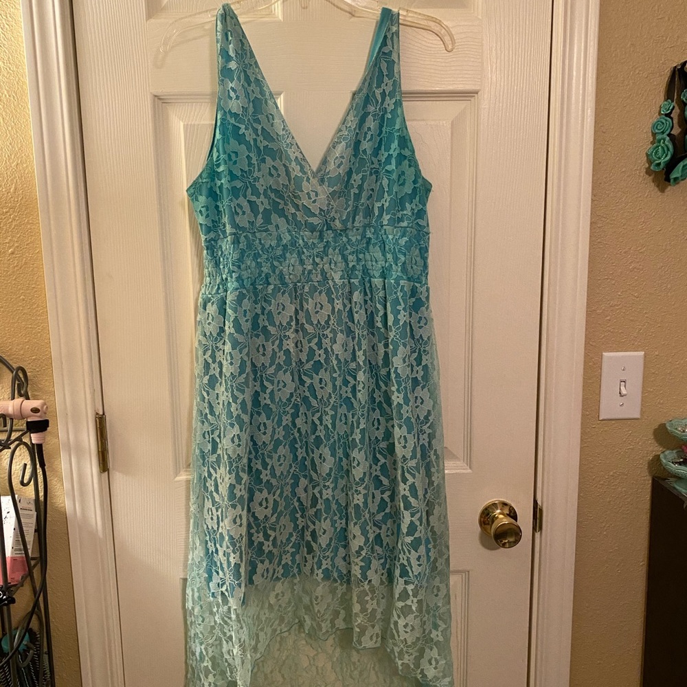 Teal lace hi low dress